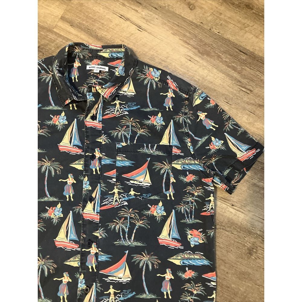 Banks Journal Mens Short‎ Sleeve Tropical Hula Surf Sailboat Button Down Shirt S